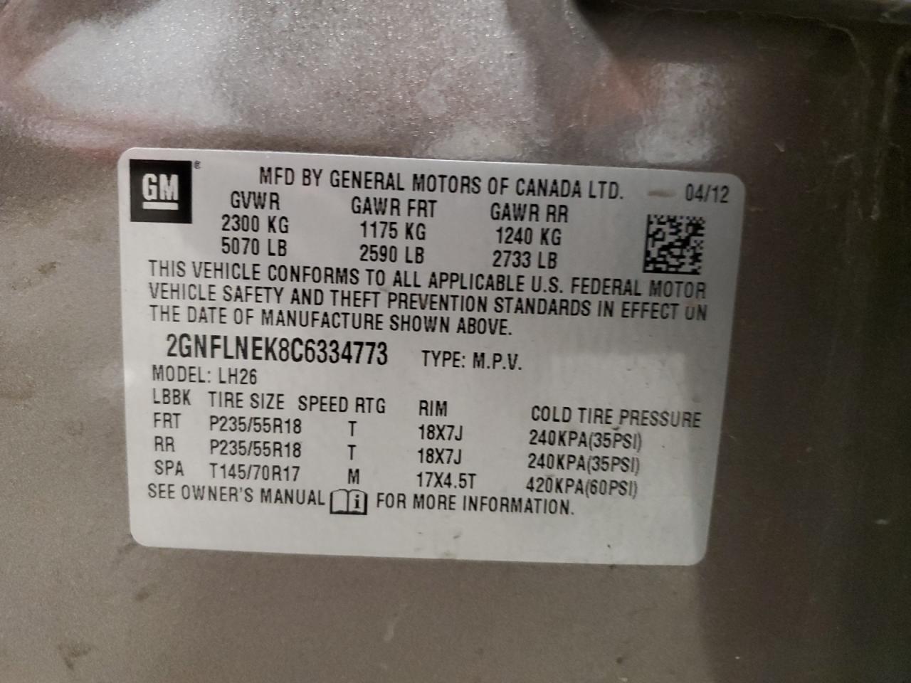 2012 Chevrolet Equinox VIN 2GNFLNEK8C6334773 Copart auction photo, front end / side damage thumbnail 13