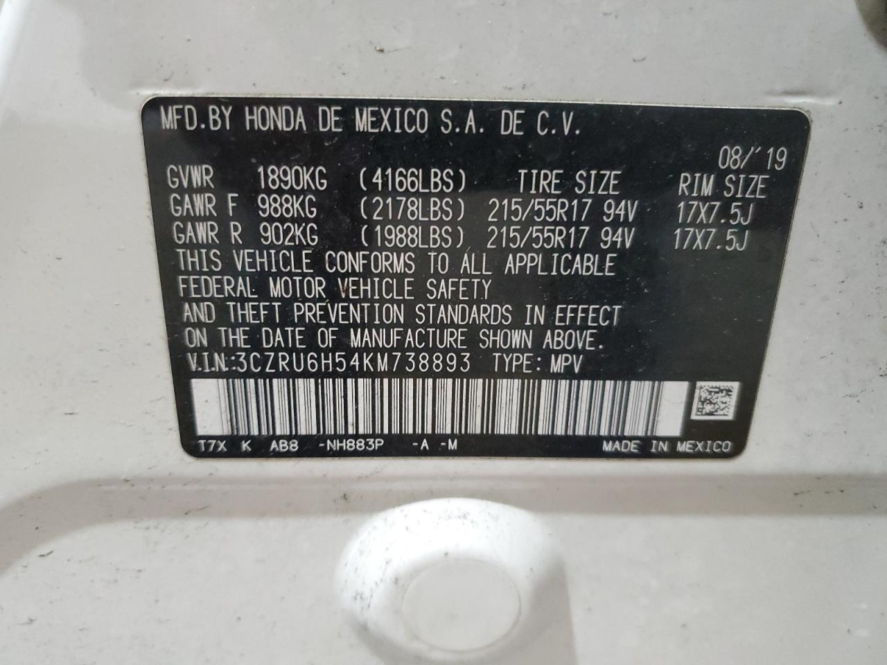 2019 Honda HR-V VIN 3CZRU6H54KM738893 Copart auction photo, front end / minor dent/scratches damage thumbnail 14