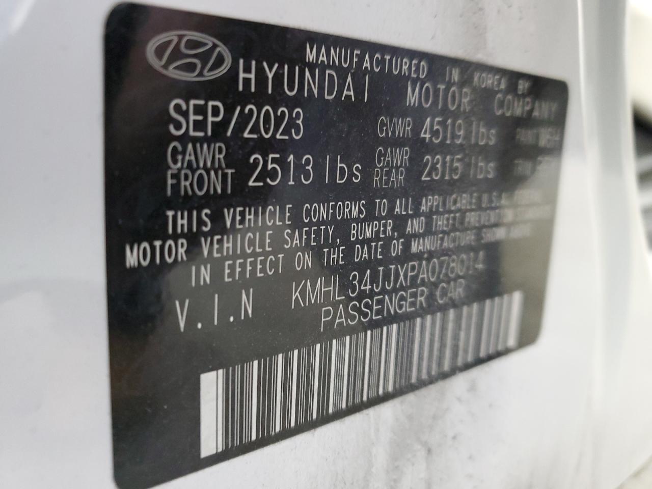 2023 Hyundai Sonata VIN KMHL34JJXPA078014 Copart auction photo, front end / side damage thumbnail 14