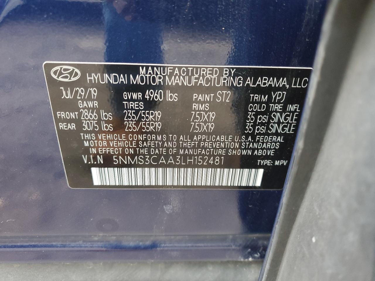 2020 Hyundai Santa Fe VIN 5NMS3CAA3LH152481 Copart auction photo, rear end damage thumbnail 15