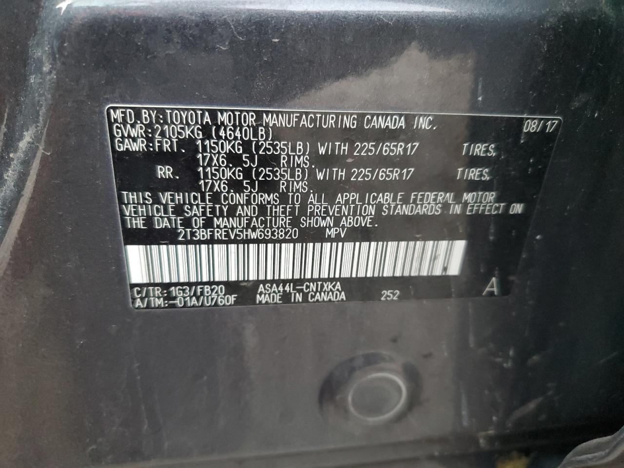 2017 Toyota RAV 4 VIN 2T3BFREV5HW693820 Copart auction photo, rear end / side damage thumbnail 14