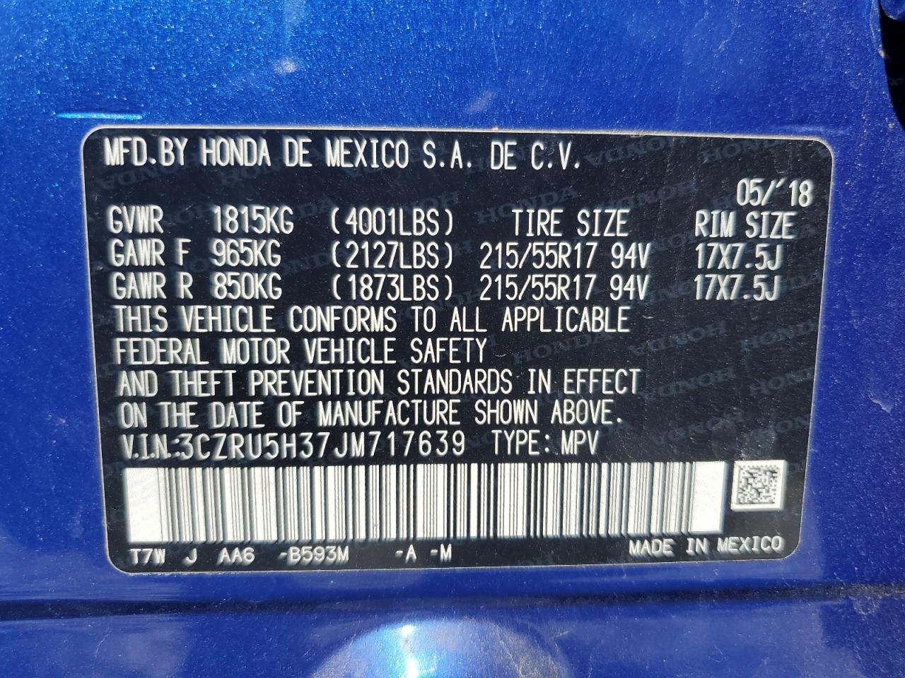2018 Honda HR-V VIN 3CZRU5H37JM717639 Copart auction photo, front end damage thumbnail 13