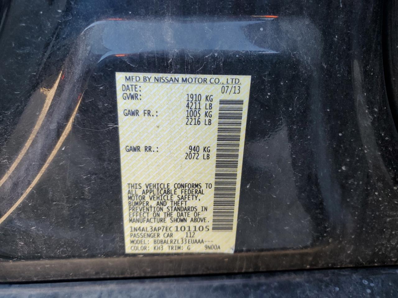 2014 Nissan Altima VIN 1N4AL3AP7EC101105 Copart auction photo, front end / minor dent/scratches damage thumbnail 13