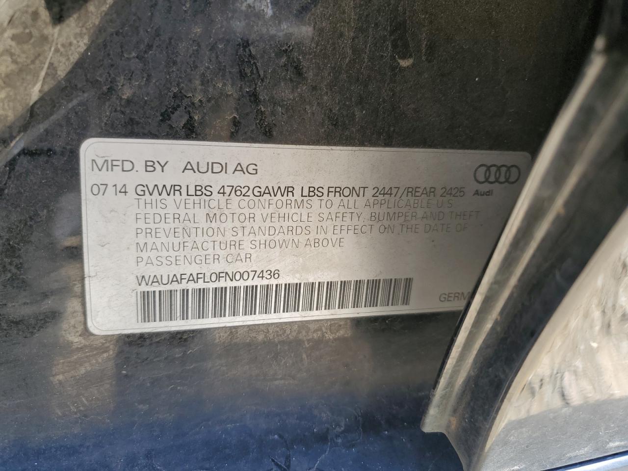 2015 Audi A4 VIN WAUAFAFL0FN007436 Copart auction photo, front end damage thumbnail 12