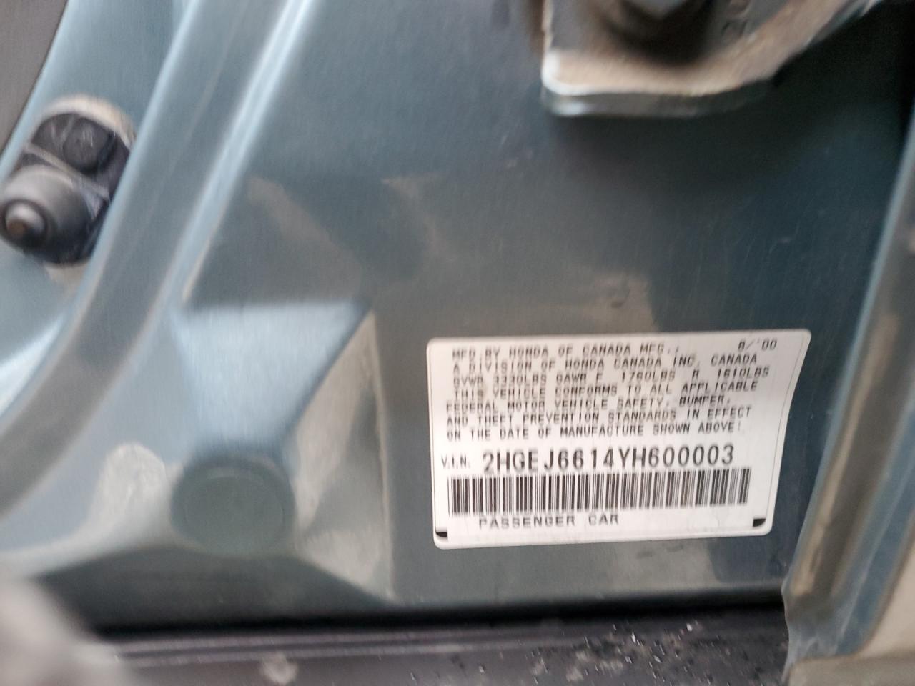 2000 Honda Civic VIN 2HGEJ6614YH600003 Copart auction photo, front end damage thumbnail 14