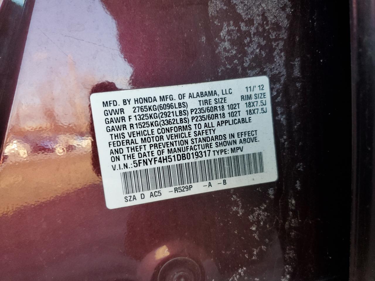 2013 Honda Pilot VIN 5FNYF4H51DB019317 Copart auction photo, front end / minor dent/scratches damage thumbnail 15