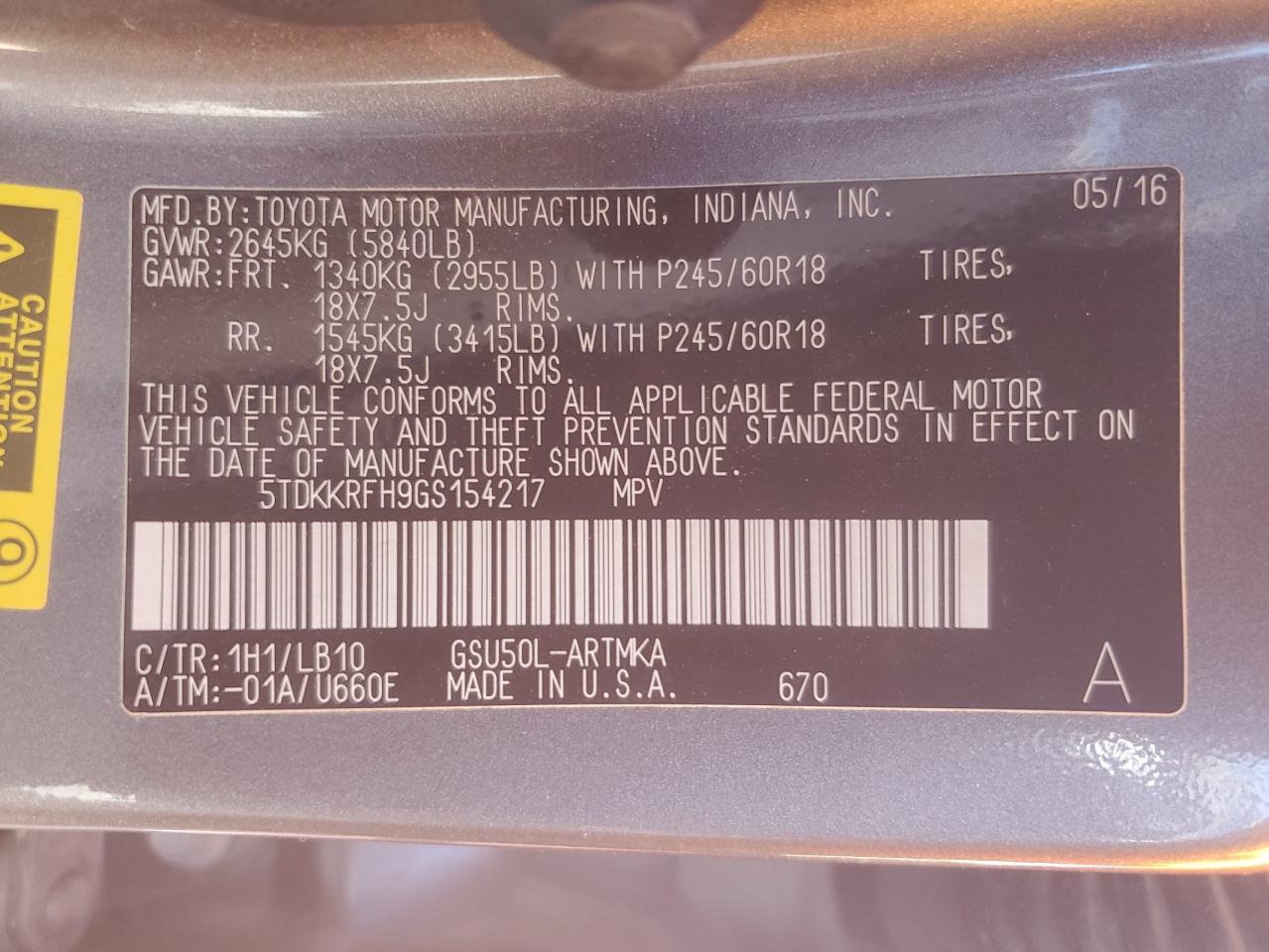 2016 Toyota Highlander VIN 5TDKKRFH9GS154217 Copart auction photo, hail damage thumbnail 13