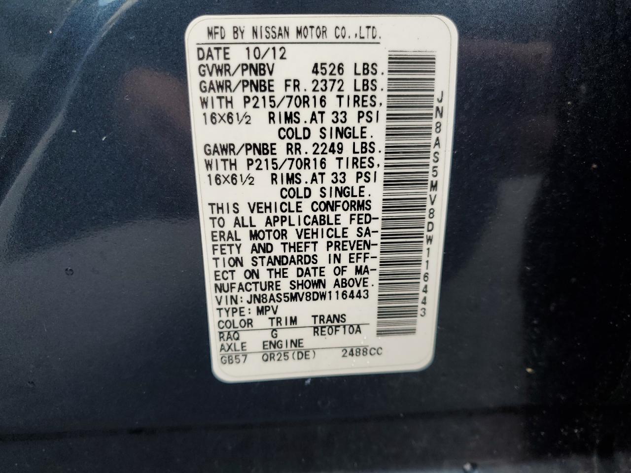 2013 Nissan Rogue VIN JN8AS5MV8DW116443 Copart auction photo, rear end / minor dent/scratches damage thumbnail 15
