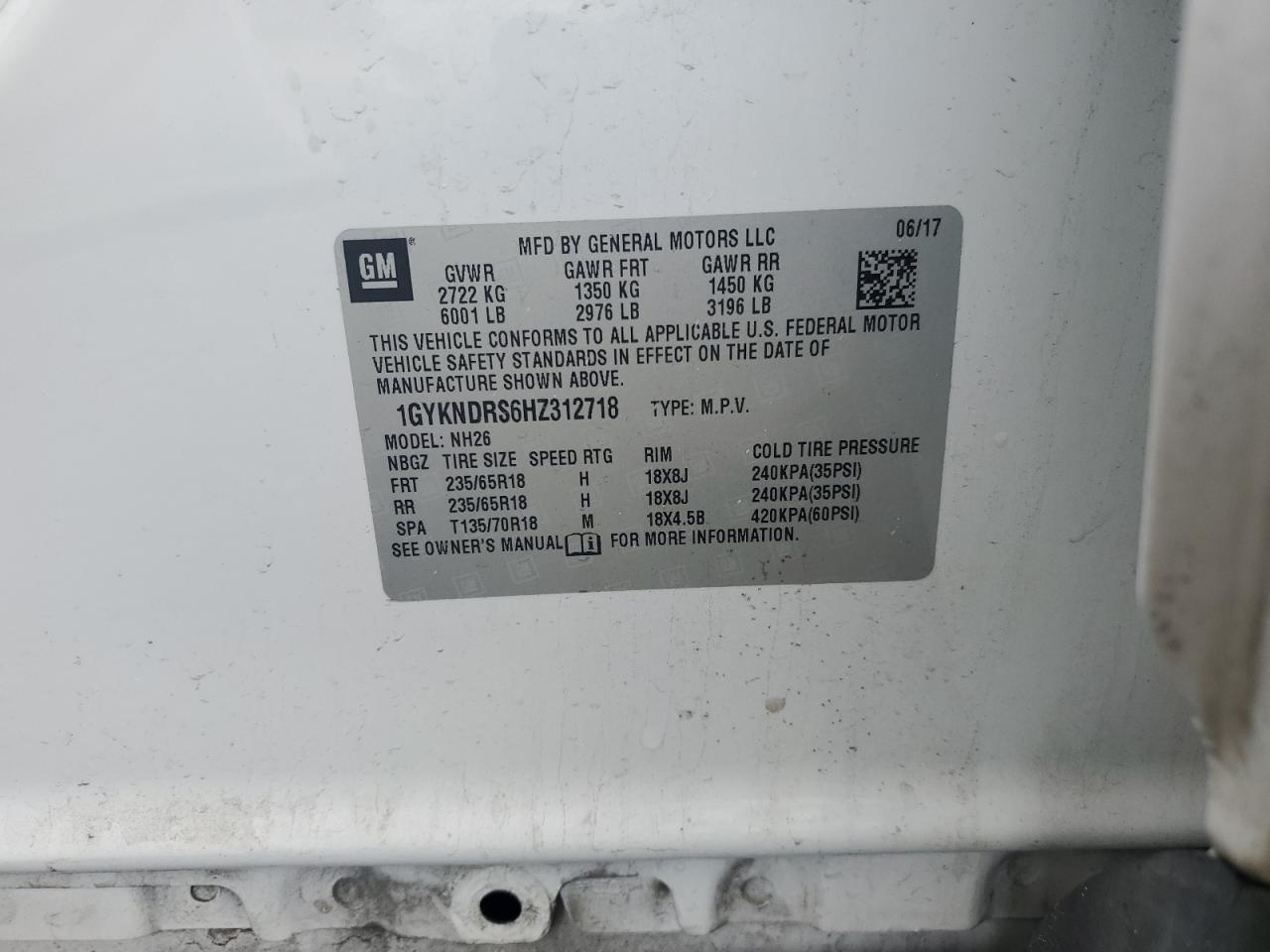 2017 Cadillac XT5 VIN 1GYKNDRS6HZ312718 Copart auction photo, all over damage thumbnail 13