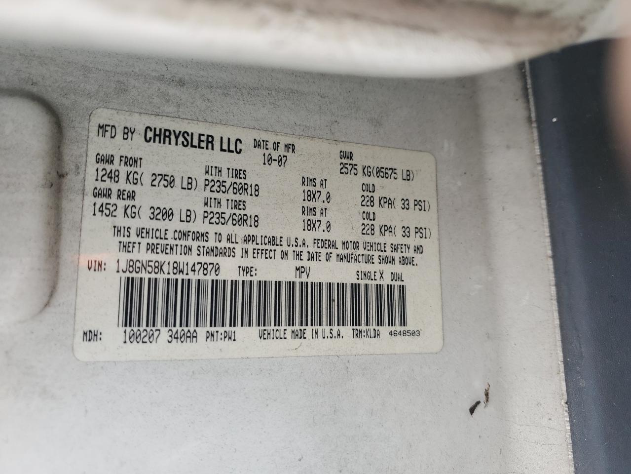 2008 Jeep Liberty (North America) VIN 1J8GN58K18W147870 Copart auction photo, front end damage thumbnail 13