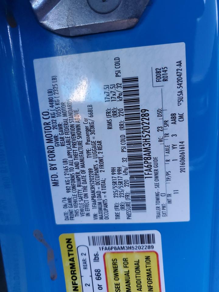 2017 Ford Mustang VIN 1FA6P8AM3H5202289 Copart auction photo, rear end damage thumbnail 13