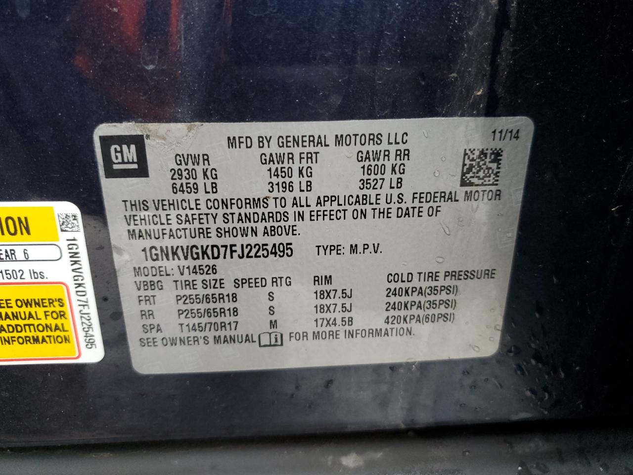 2015 Chevrolet Traverse VIN 1GNKVGKD7FJ225495 Copart auction photo, rear end / side damage thumbnail 13