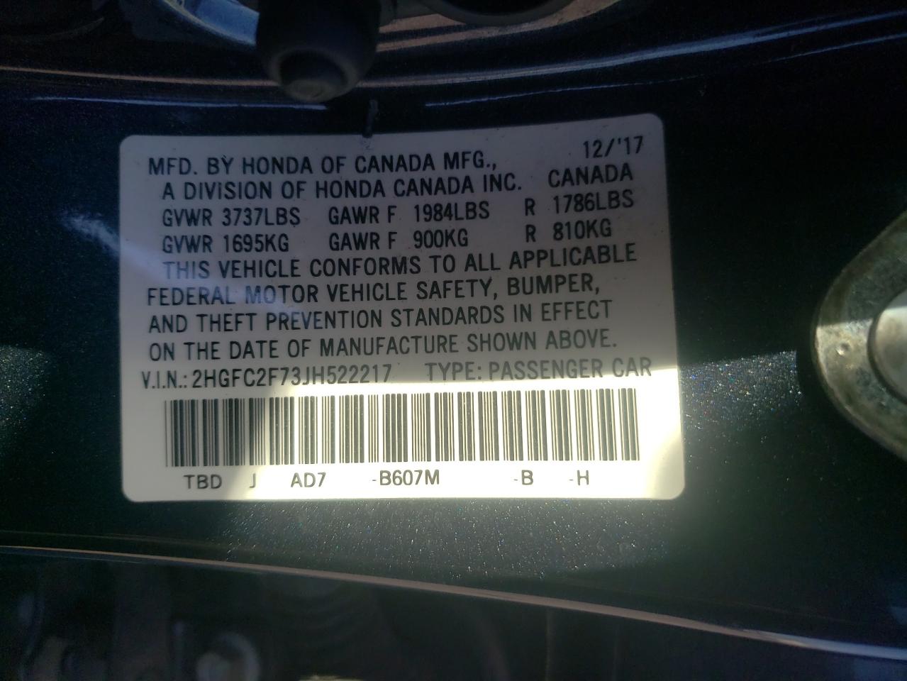 2018 Honda Civic VIN 2HGFC2F73JH522217 Copart auction photo, water/flood / all over damage thumbnail 12