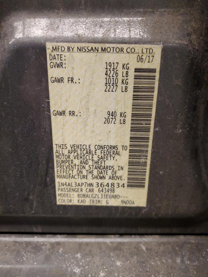 2017 Nissan Altima VIN 1N4AL3AP7HN364834 Copart auction photo, front end / side damage thumbnail 14