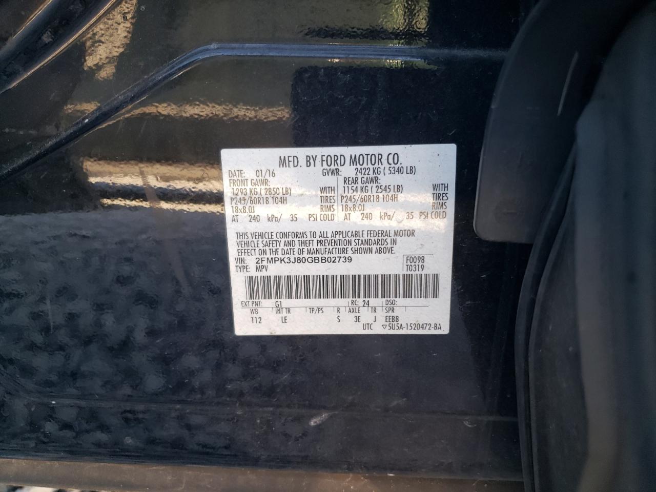 2016 Ford Edge VIN 2FMPK3J80GBB02739 Copart auction photo, minor dent/scratches damage thumbnail 13