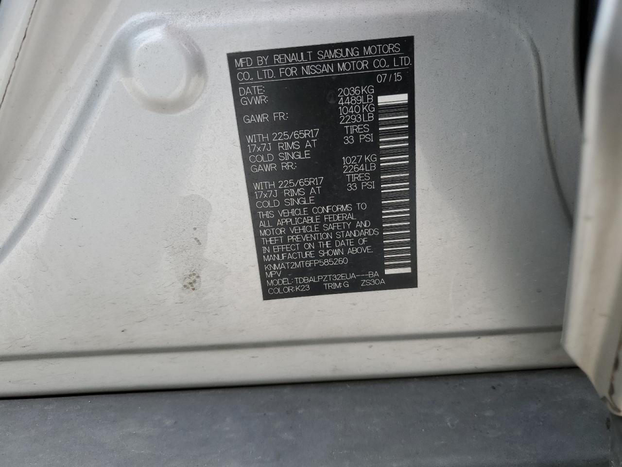 2015 Nissan Rogue VIN KNMAT2MT6FP585260 Copart auction photo, front end / side damage thumbnail 15