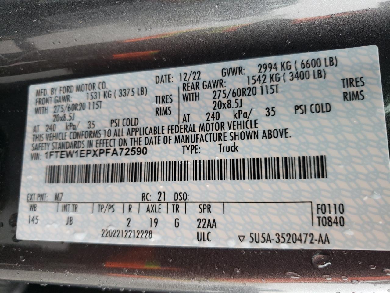 2023 Ford F-150 VIN 1FTEW1EPXPFA72590 Copart auction photo, front end / side damage thumbnail 14