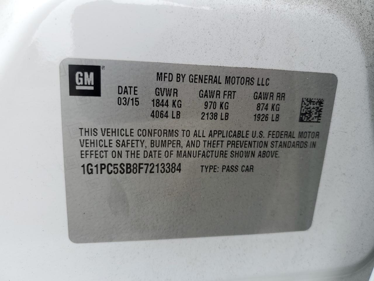 2015 Chevrolet Cruze VIN 1G1PC5SB8F7213384 Copart auction photo, front end / minor dent/scratches damage thumbnail 14