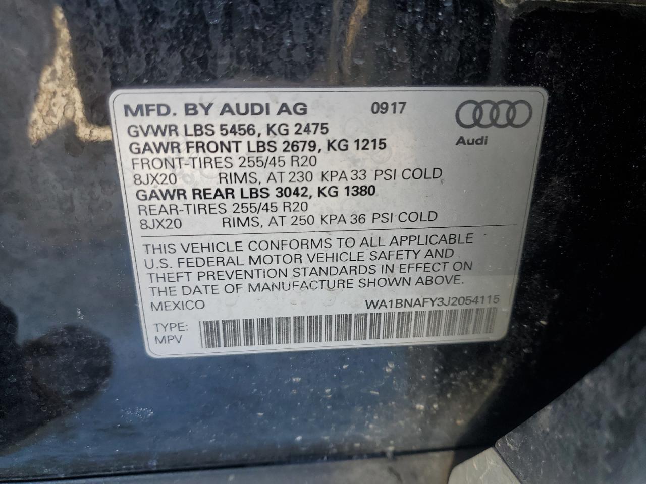 2018 Audi Q5 VIN WA1BNAFY3J2054115 Copart auction photo, front end / minor dent/scratches damage thumbnail 14