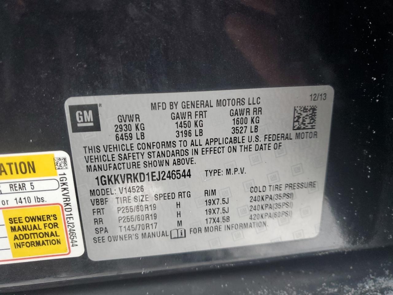 2014 GMC Acadia VIN 1GKKVRKD1EJ246544 Copart auction photo, front end damage thumbnail 13