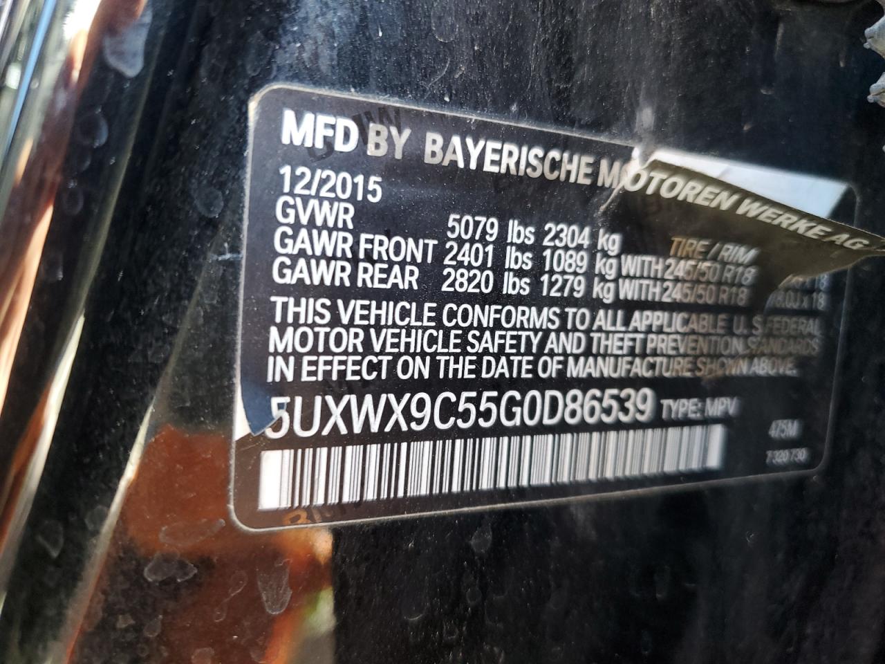 2016 BMW X3 VIN 5UXWX9C55G0D86539 Copart auction photo, front end damage thumbnail 12