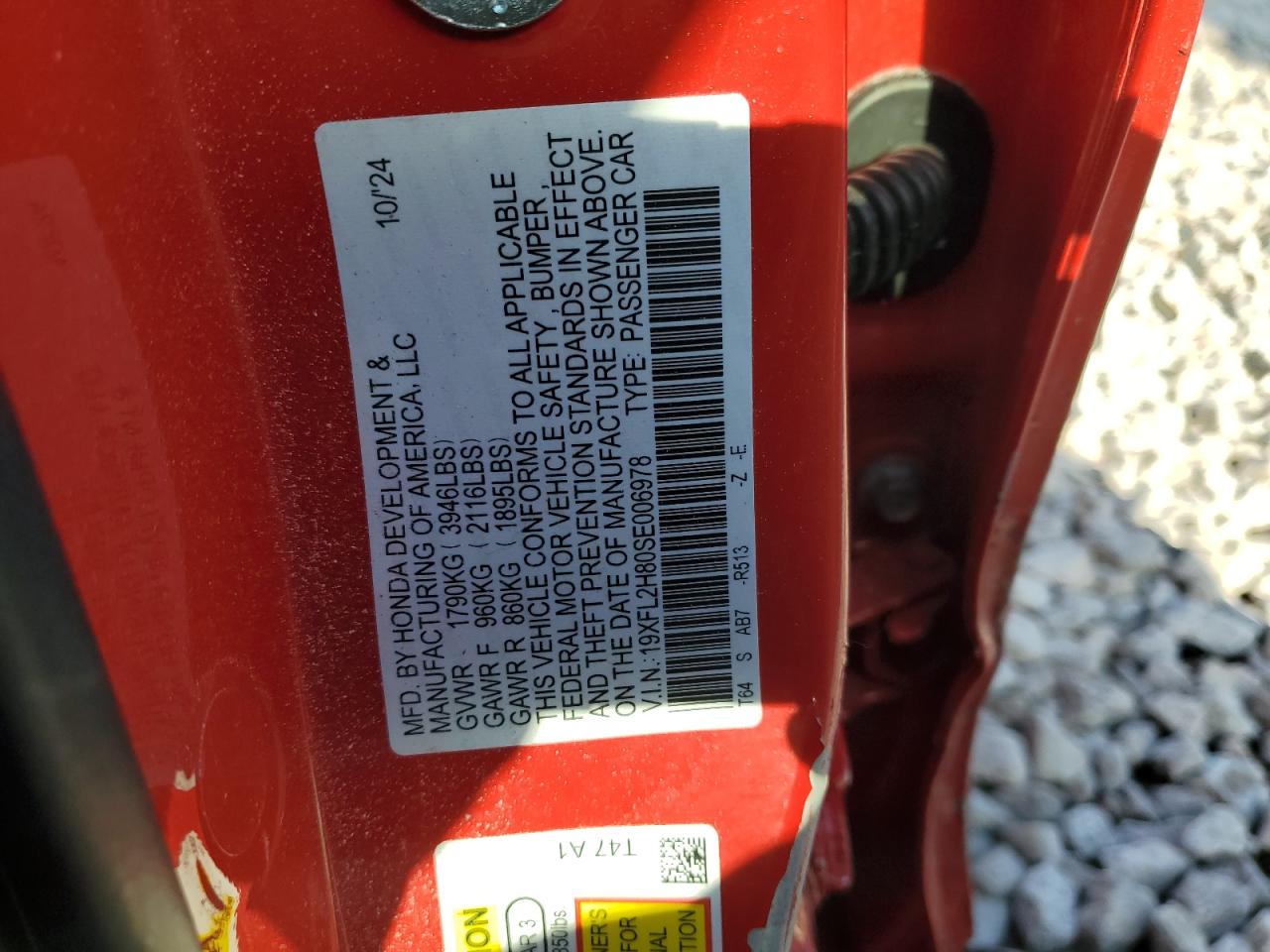 2025 Honda Civic VIN 19XFL2H80SE006978 Copart auction photo, front end / side damage thumbnail 14