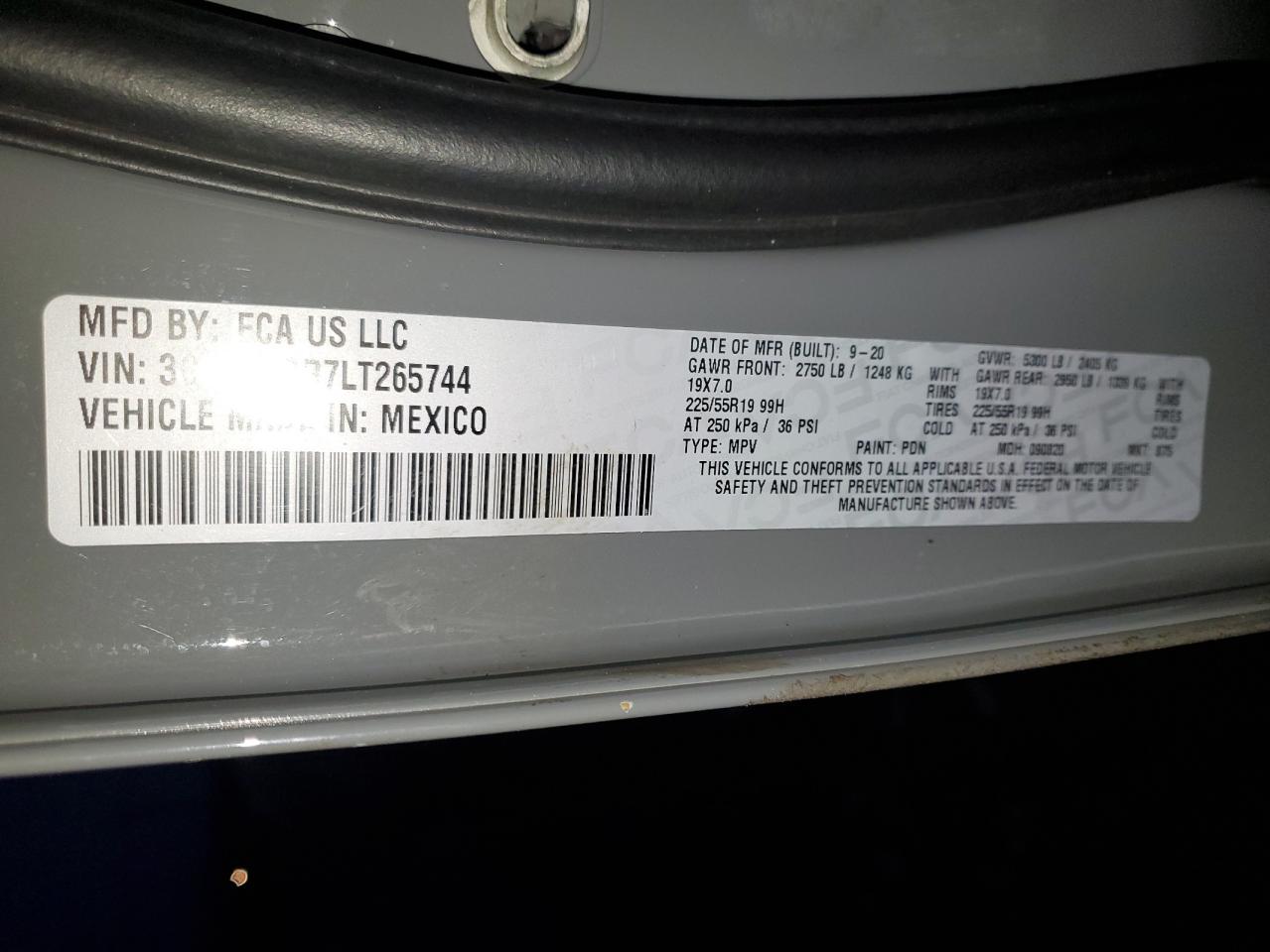 2020 Dodge Journey VIN 3C4PDCGB7LT265744 Copart auction photo, all over damage thumbnail 16