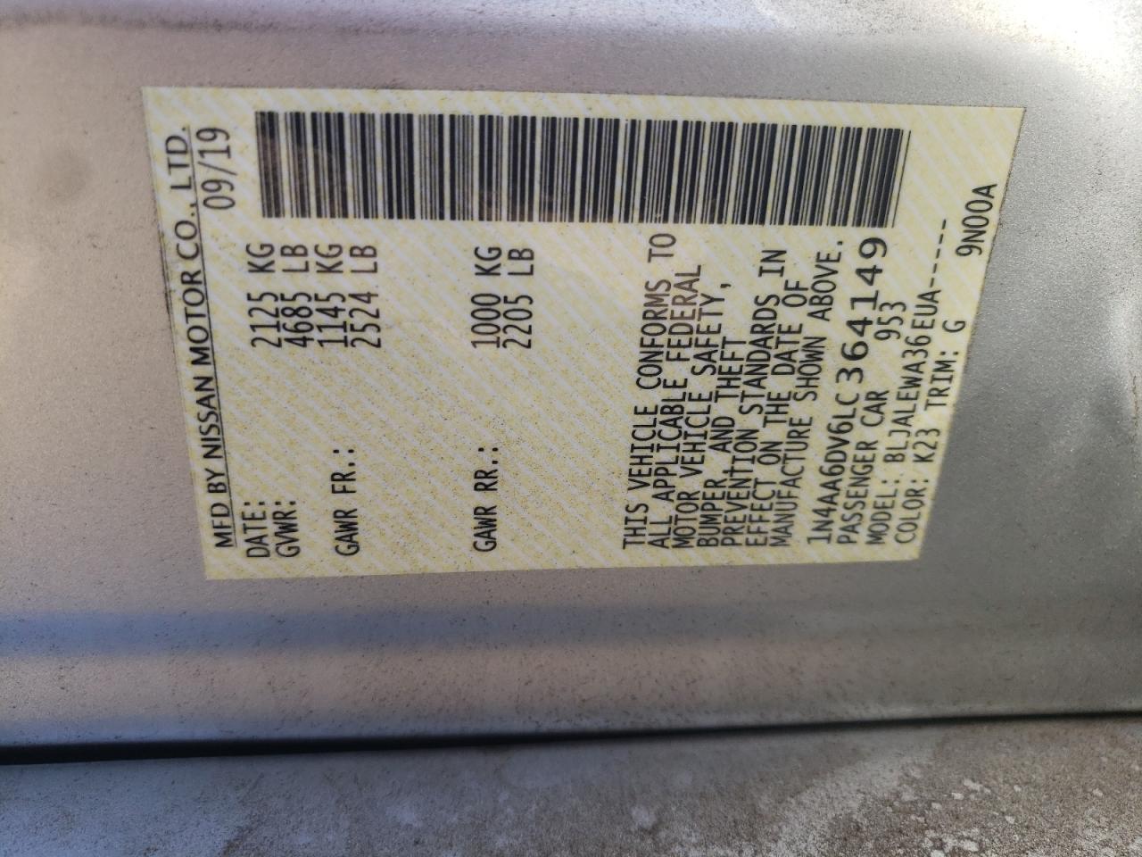 2020 Nissan Maxima VIN 1N4AA6DV6LC364149 Copart auction photo, front end / side damage thumbnail 12