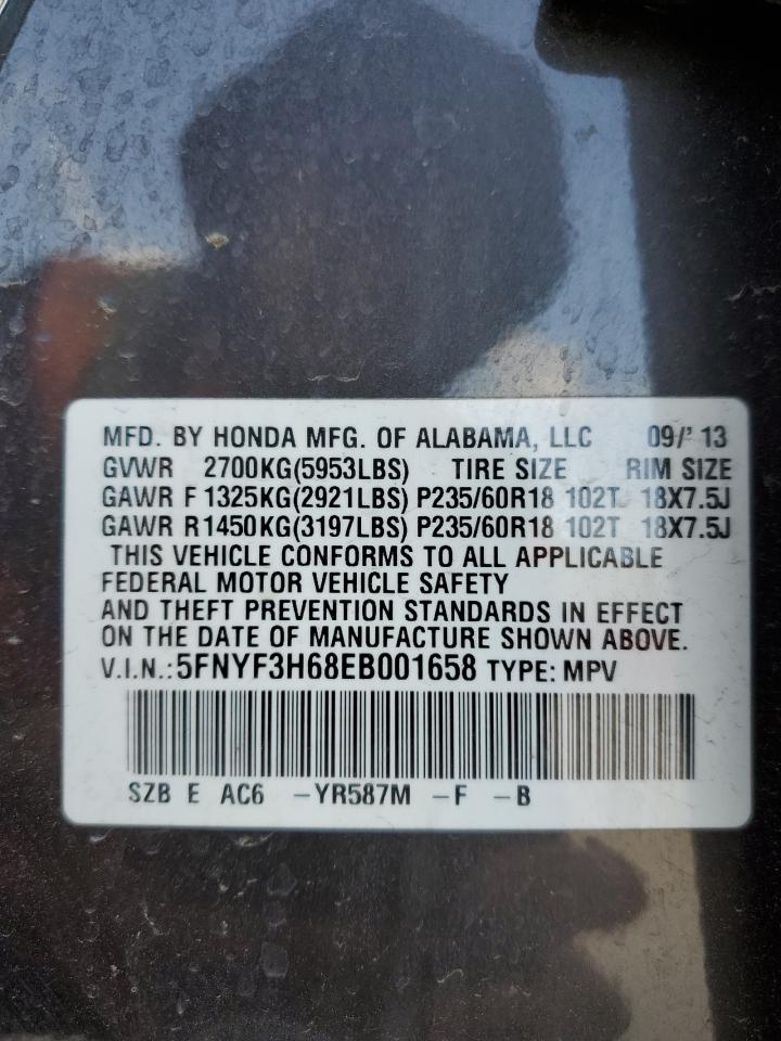 2014 Honda Pilot VIN 5FNYF3H68EB001658 Copart auction photo, front end damage thumbnail 13