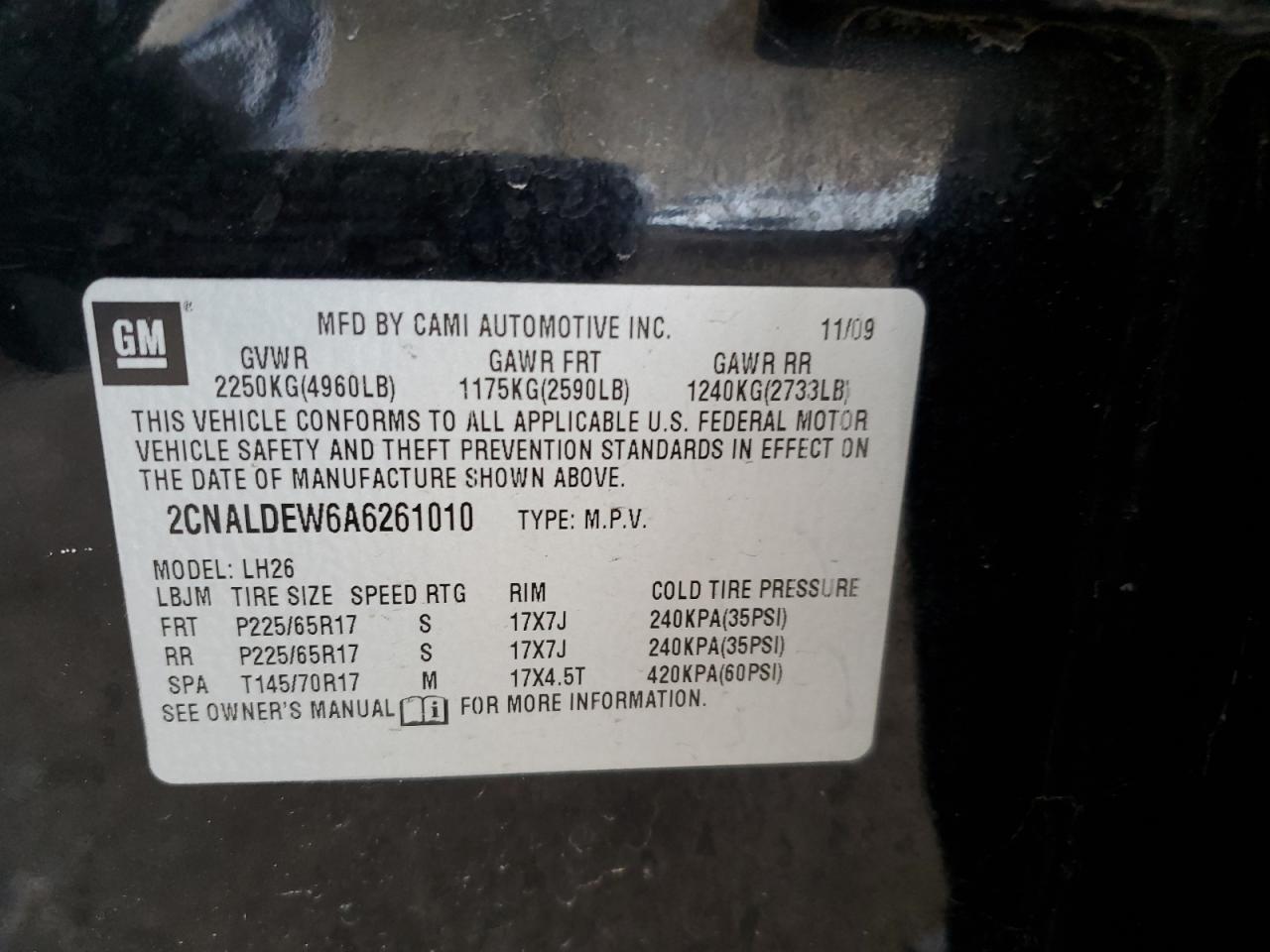 2010 Chevrolet Equinox VIN 2CNALDEW6A6261010 Copart auction photo, front end damage thumbnail 13