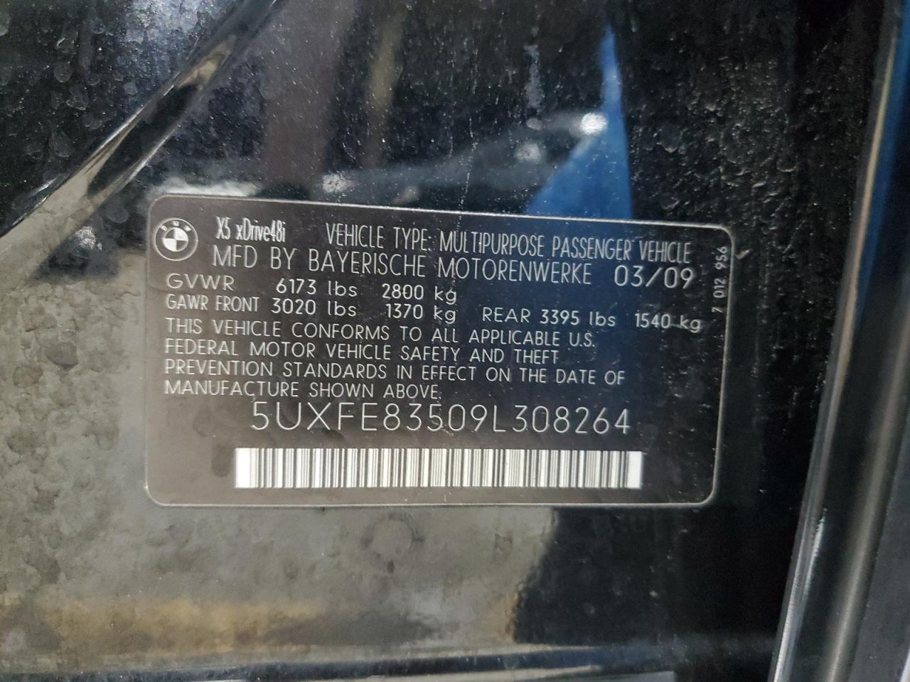 2009 BMW X5 VIN 5UXFE83509L308264 Copart auction photo, rear end / minor dent/scratches damage thumbnail 13