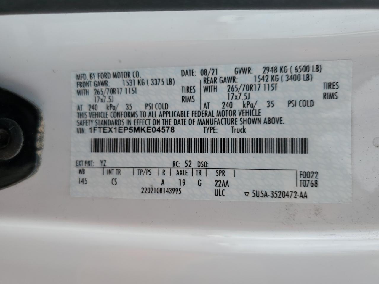 2021 Ford F-150 VIN 1FTEX1EP5MKE04578 Copart auction photo, front end damage thumbnail 12