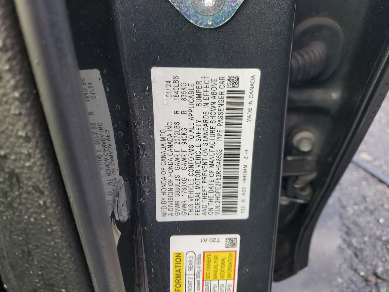 2024 Honda Civic VIN 2HGFE2F53RH548532 Copart auction photo, front end / minor dent/scratches damage thumbnail 13