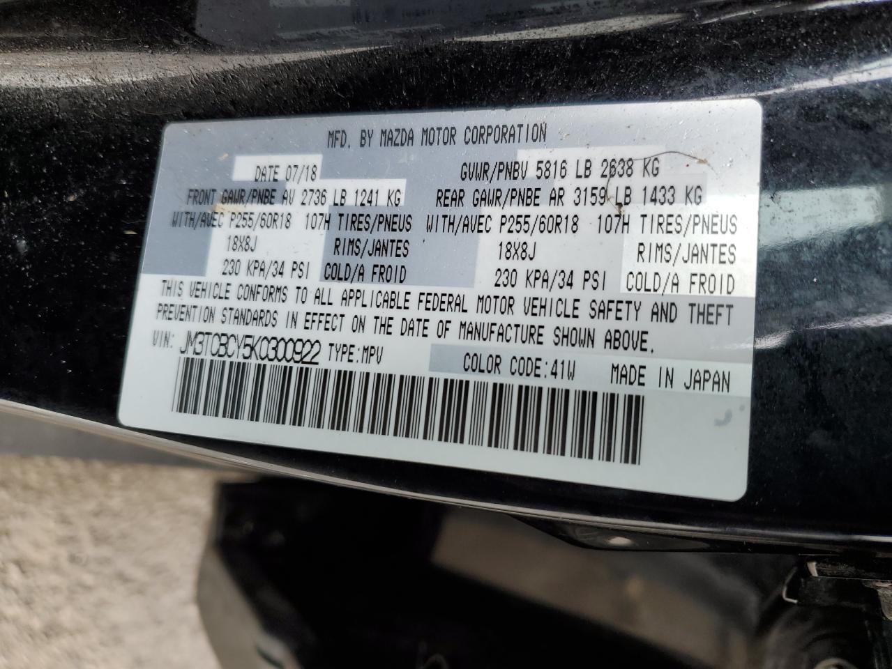 2019 Mazda CX-9 VIN JM3TCBCY5K0300922 Copart auction photo, front end / side damage thumbnail 16