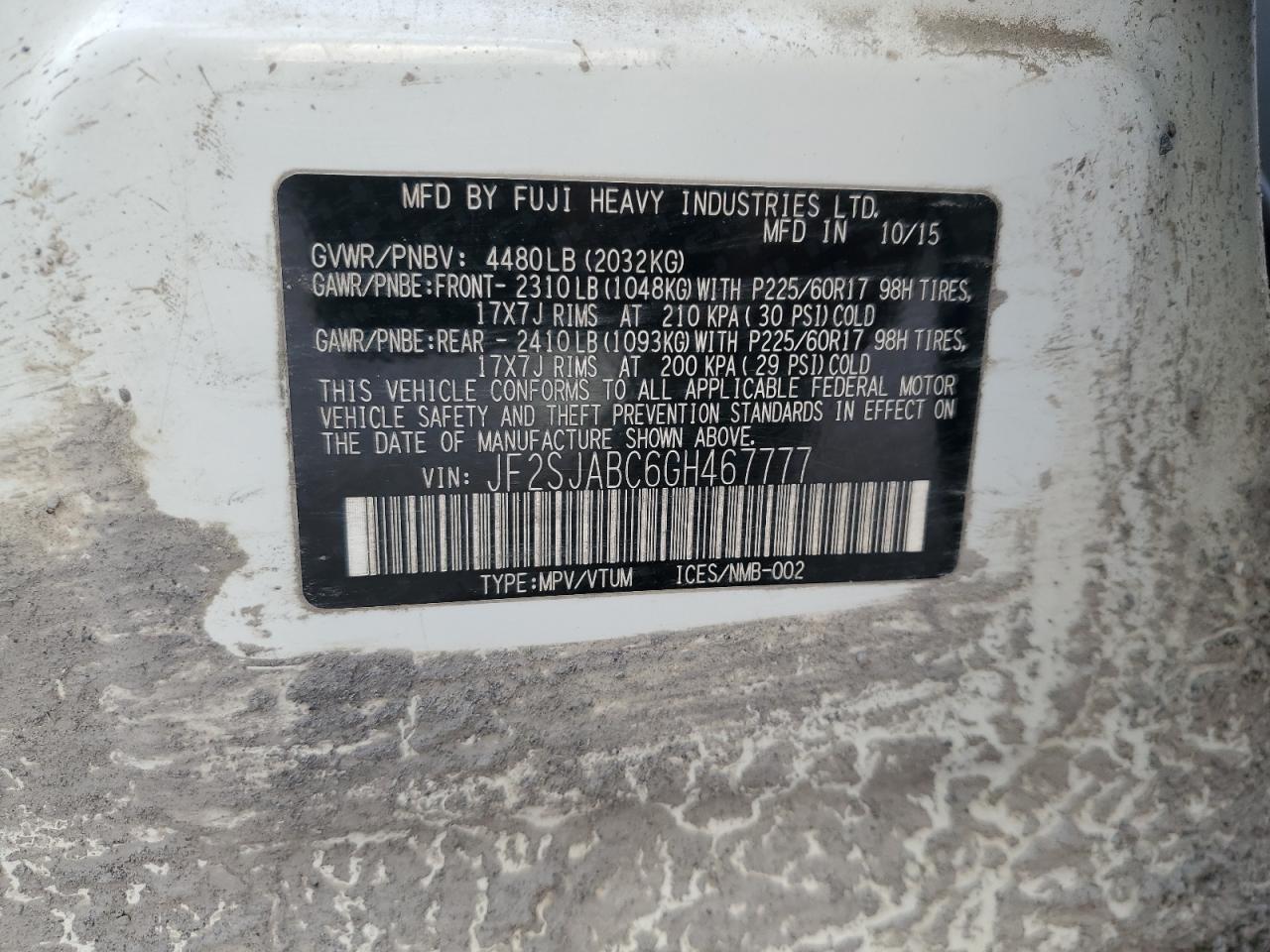 2016 Subaru Forester VIN JF2SJABC6GH467777 Copart auction photo, all over damage thumbnail 14