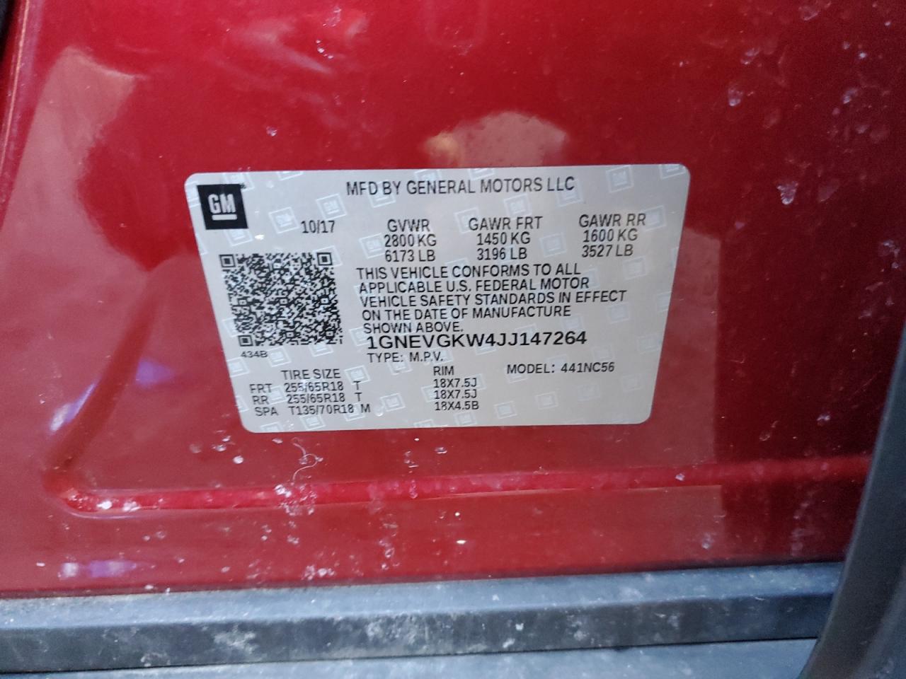 2018 Chevrolet Traverse VIN 1GNEVGKW4JJ147264 Copart auction photo, rear end / front end damage thumbnail 13
