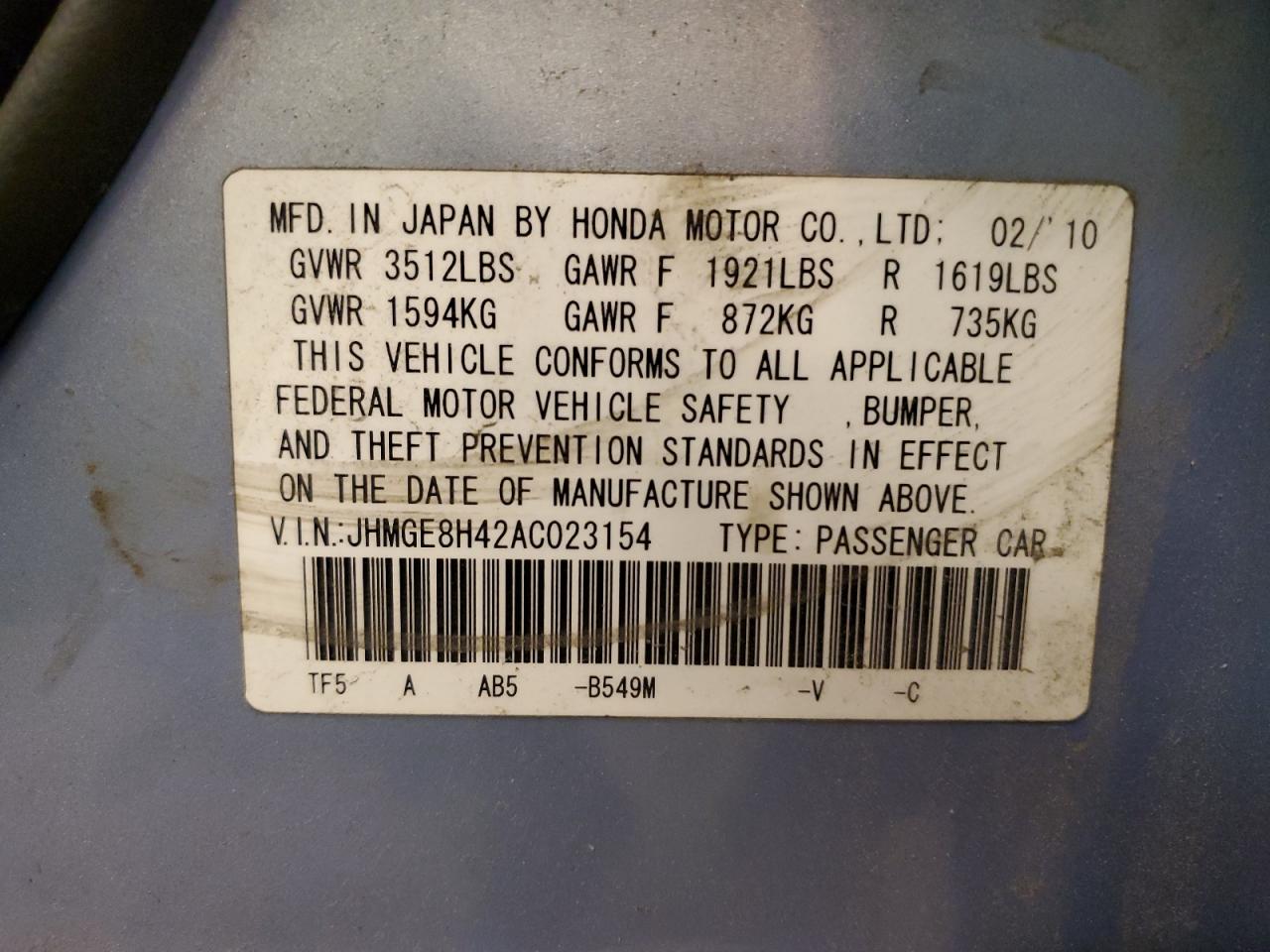 2010 Honda Fit VIN JHMGE8H42AC023154 Copart auction photo, rear end damage thumbnail 12