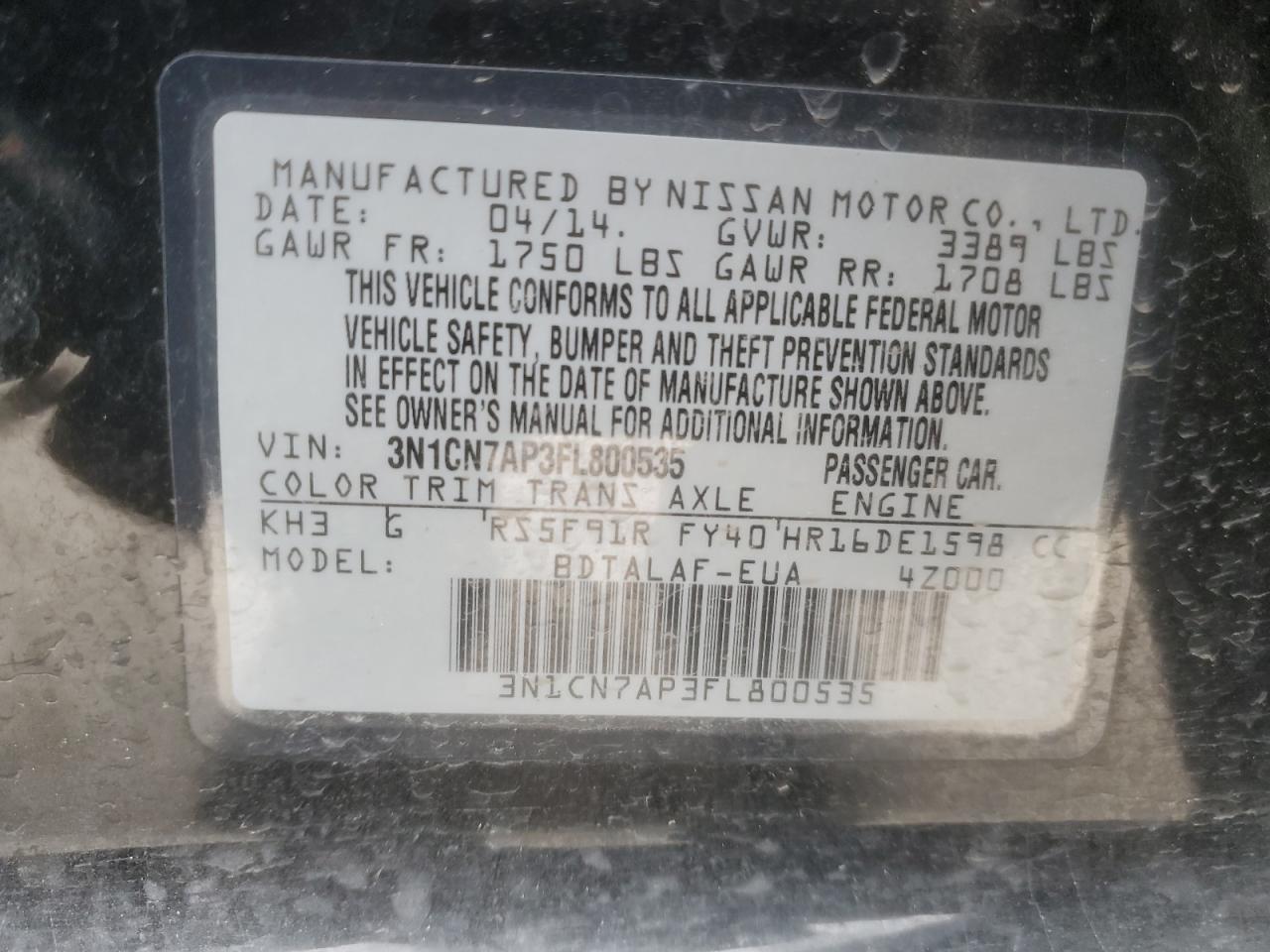 2015 Nissan Versa VIN 3N1CN7AP3FL800535 Copart auction photo, front end / side damage thumbnail 12