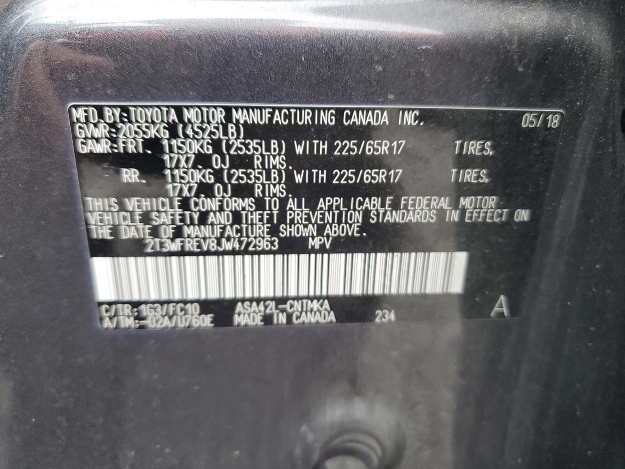 2018 Toyota RAV 4 VIN 2T3WFREV8JW472963 Copart auction photo, all over damage thumbnail 14