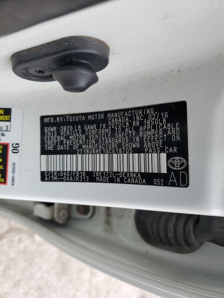 2016 Toyota Corolla VIN 2T1BURHE1GC618705 Copart auction photo, rear end / side damage thumbnail 12