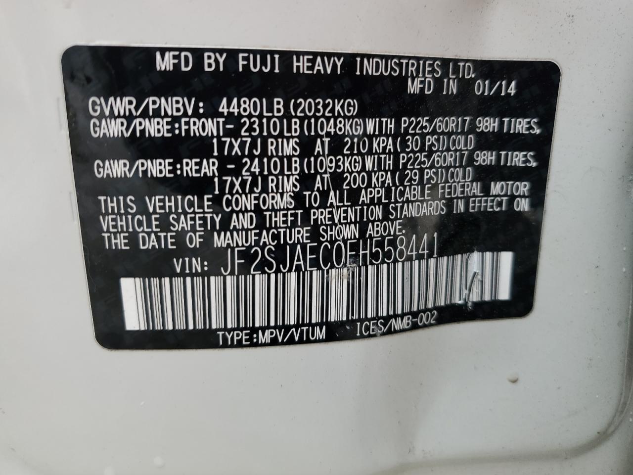2014 Subaru Forester VIN JF2SJAEC0EH558441 Copart auction photo, side damage thumbnail 15