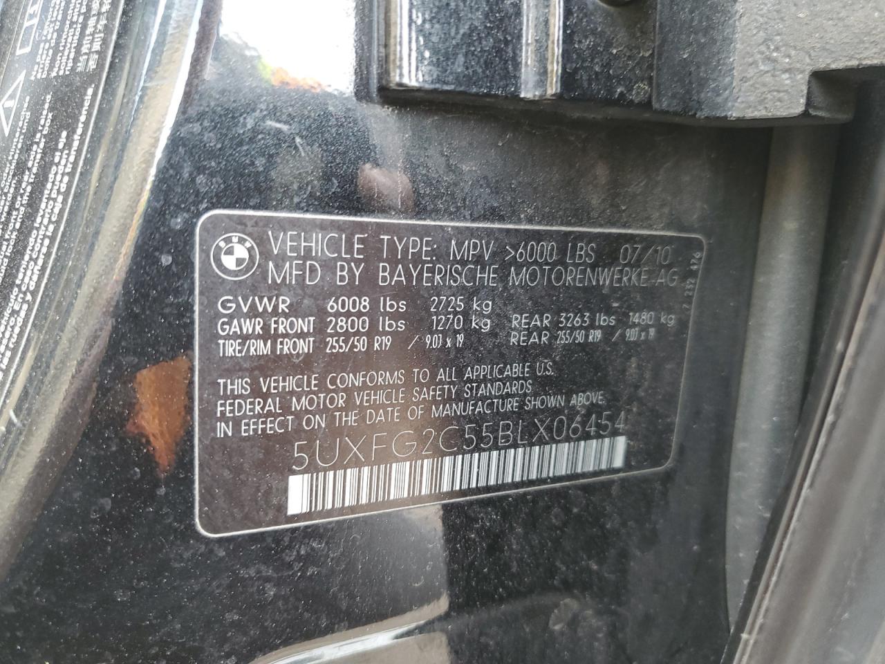 2011 BMW X6 VIN 5UXFG2C55BLX06454 Copart auction photo, side / rear end damage thumbnail 15