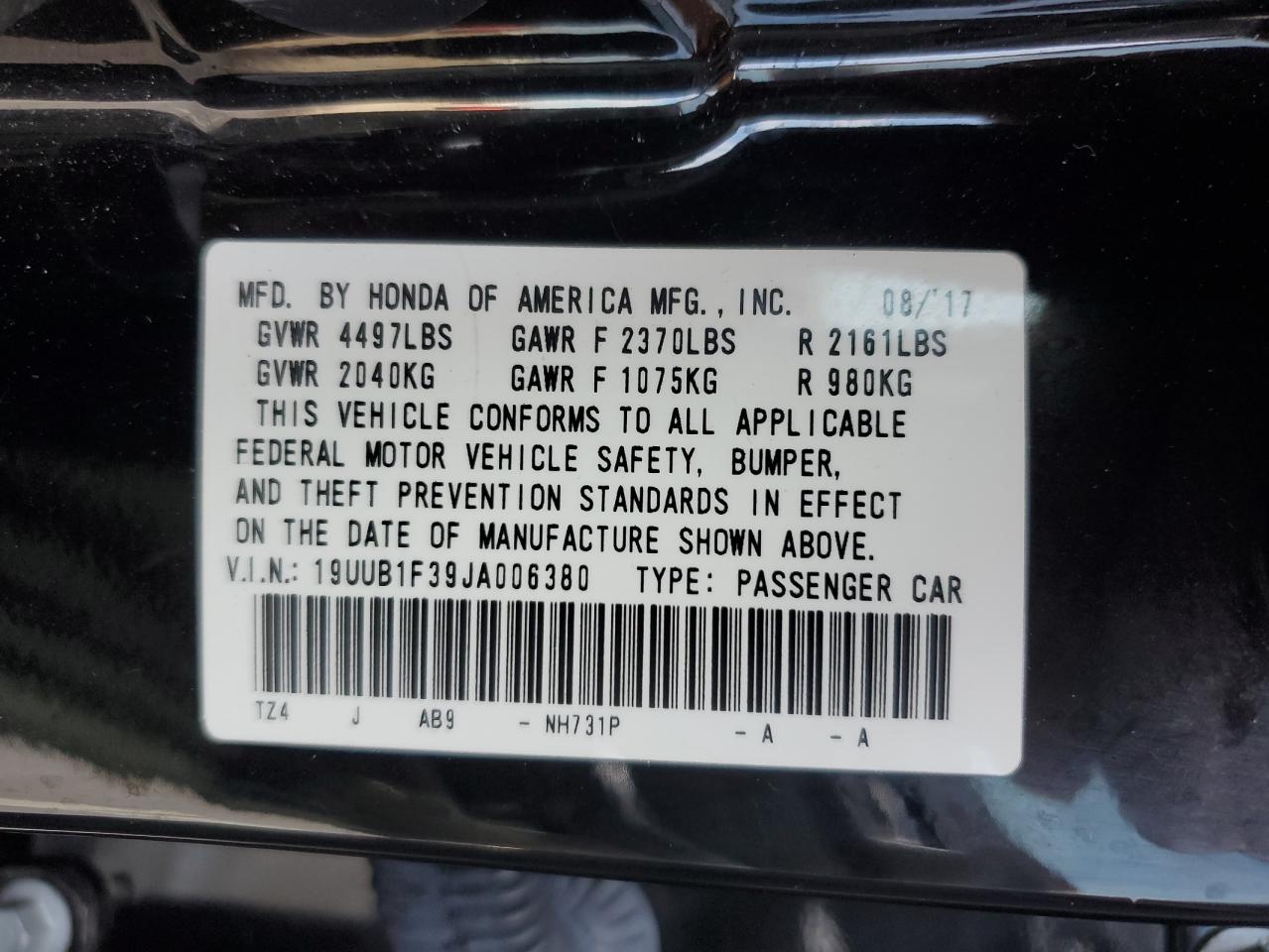 2018 Acura TLX VIN 19UUB1F39JA006380 Copart auction photo, front end / minor dent/scratches damage thumbnail 12