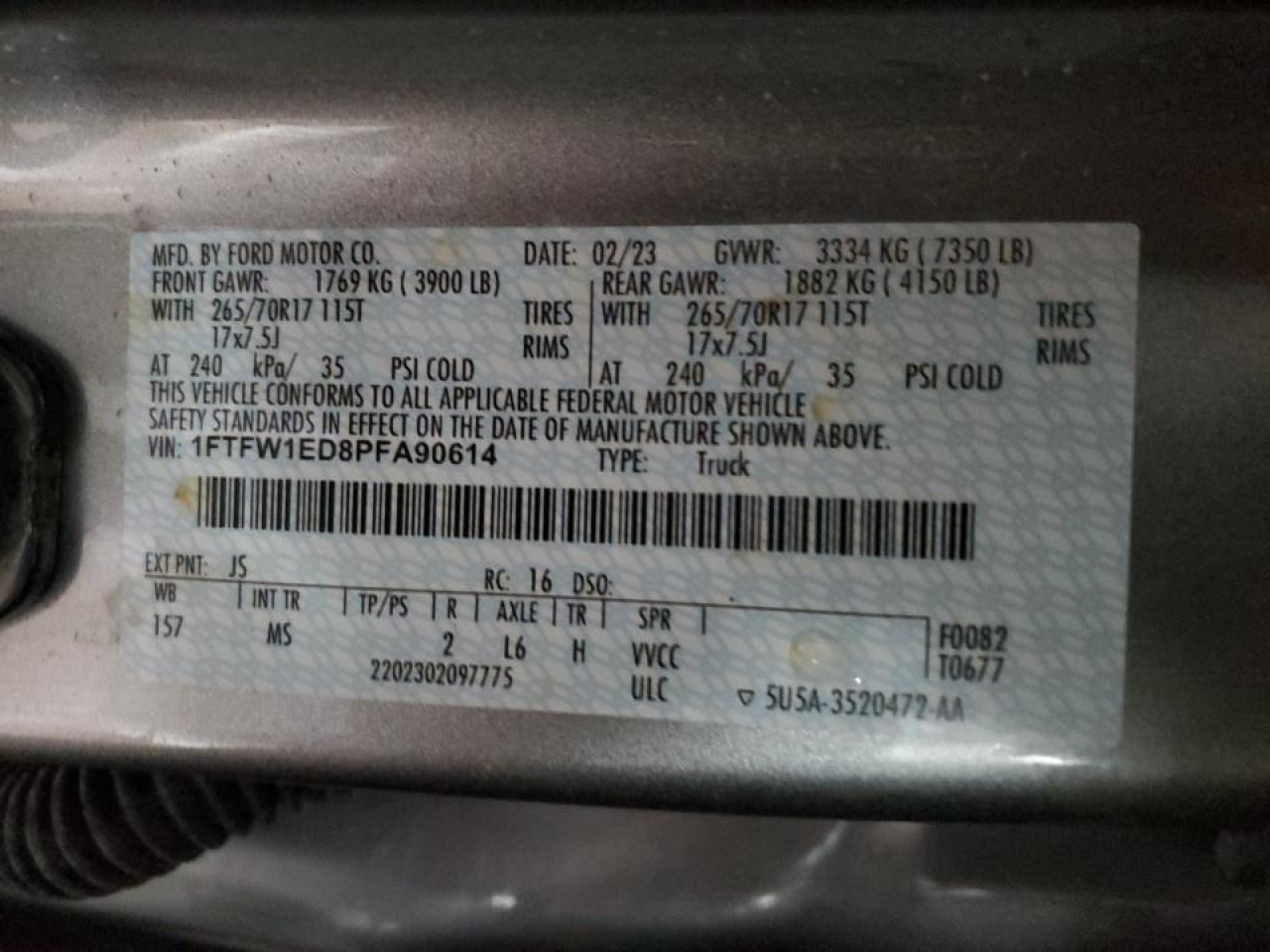 2023 Ford F-150 VIN 1FTFW1ED8PFA90614 Copart auction photo, front end damage thumbnail 12