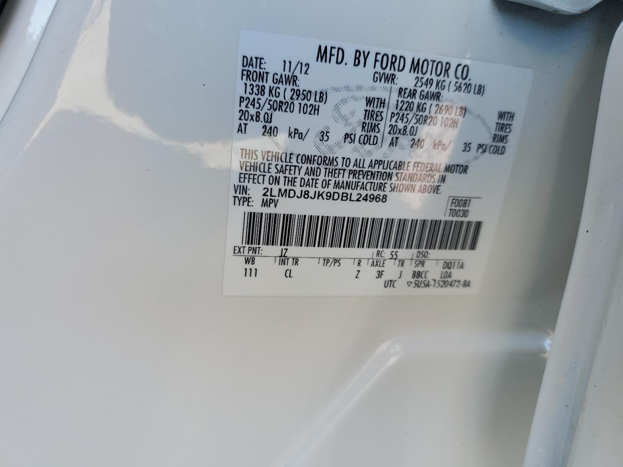 2013 Lincoln MKX VIN 2LMDJ8JK9DBL24968 Copart auction photo, front end damage thumbnail 13