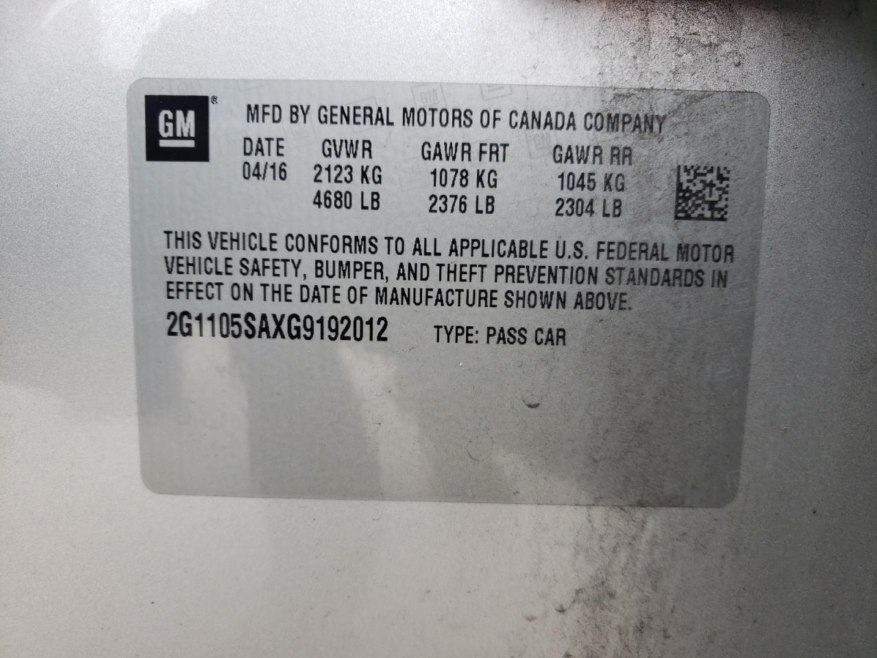 2016 Chevrolet Impala VIN 2G1105SAXG9192012 Copart auction photo, front end damage thumbnail 12