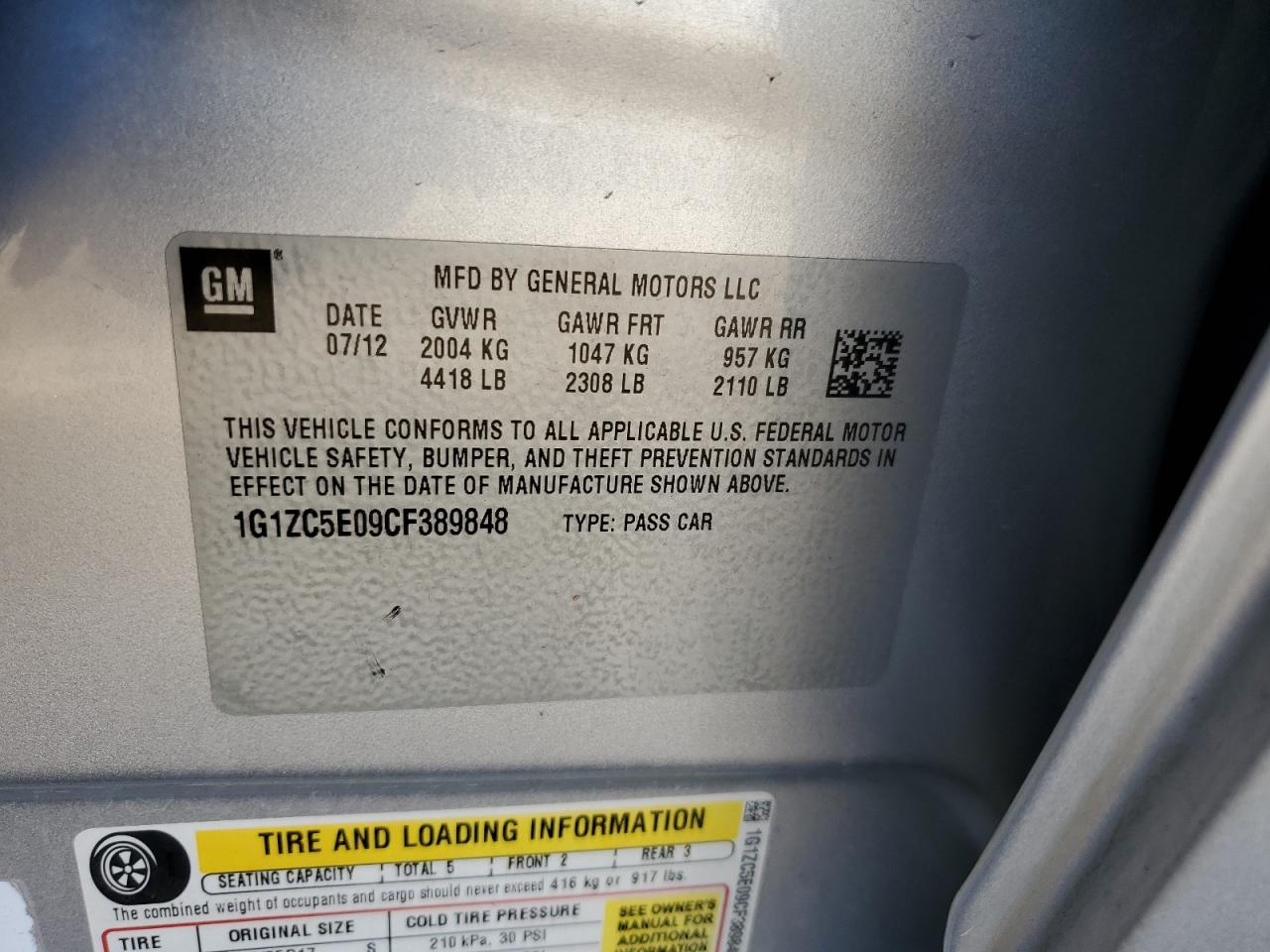2012 Chevrolet Malibu VIN 1G1ZC5E09CF389848 Copart auction photo, front end / mechanical damage thumbnail 14