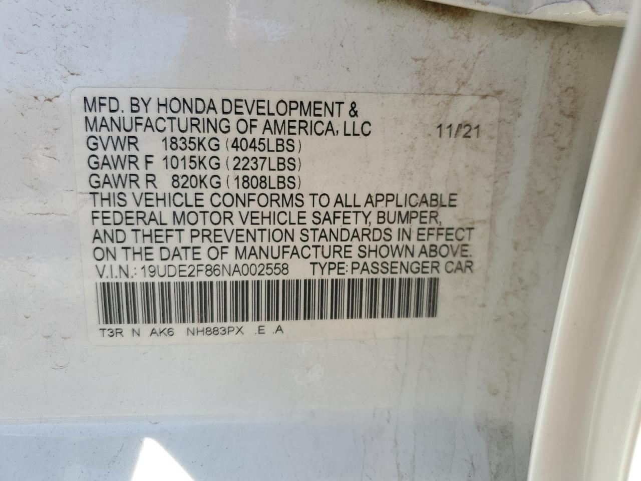 2022 Acura ILX VIN 19UDE2F86NA002558 Copart auction photo, front end damage thumbnail 14