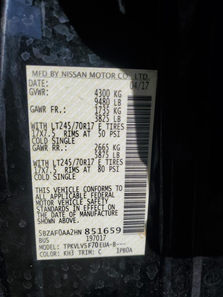 2017 Nissan NV VIN 5BZAF0AA2HN851659 Copart auction photo, burn / burn - interior damage thumbnail 14