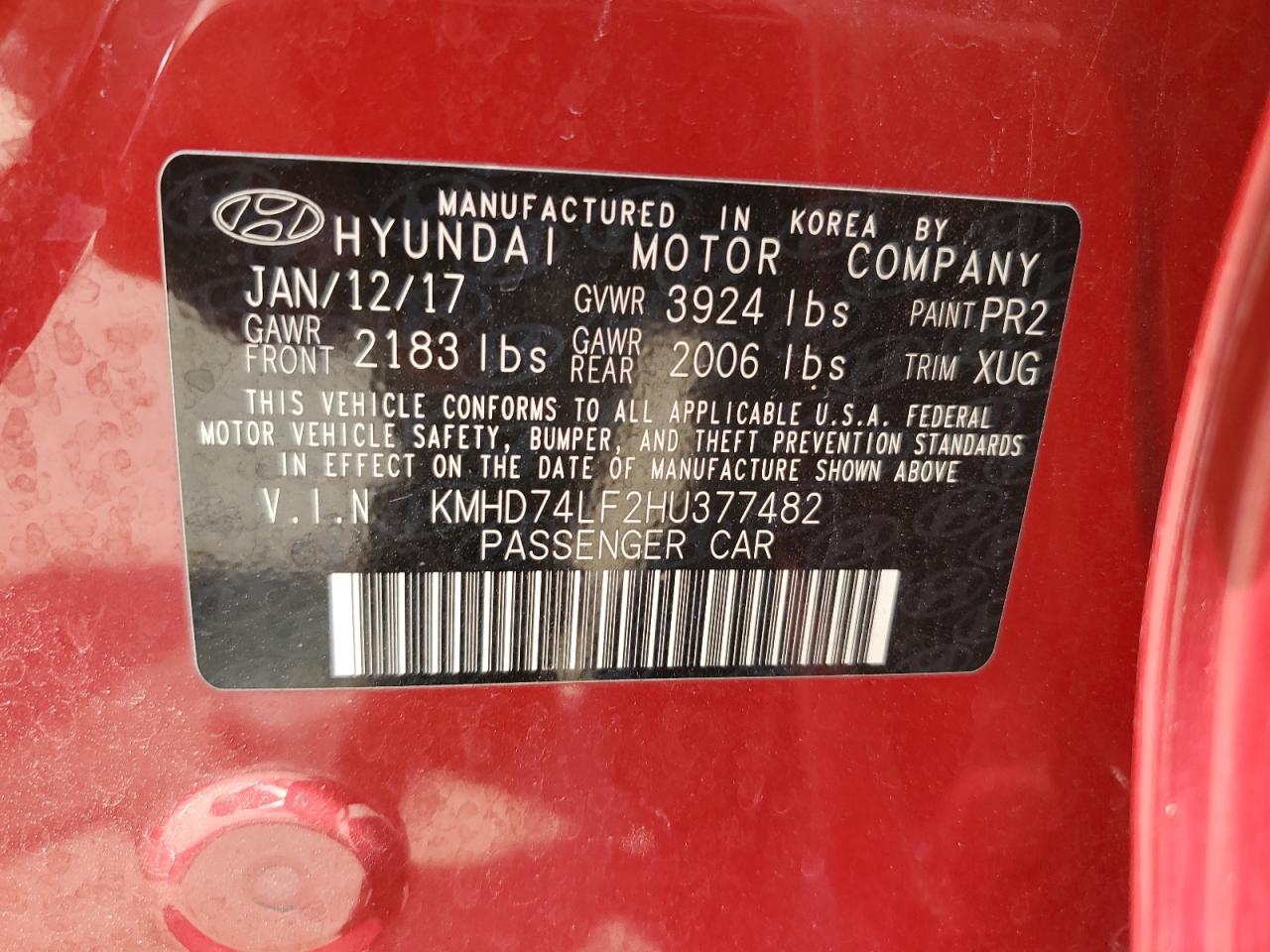 2017 Hyundai Elantra VIN KMHD74LF2HU377482 Copart auction photo, front end damage thumbnail 12